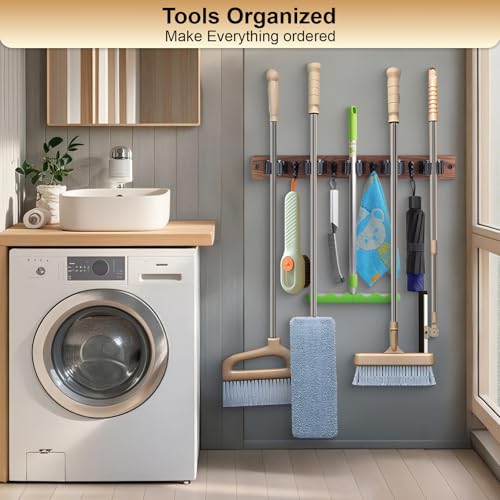 FunCee Brown Wall Mount Broom Holder with 5 Slots & 4 Hooks, Rustic Wood Storage Rack