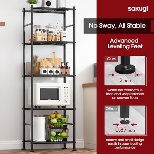 Storage Shelves - 5 Tier Shelf Organizer, Heavy Duty Garage Shelving Unit with Leveling Feet, Stable Metal Shelves Organizer for Pantry, Kitchen and Closet, 18.4" W x 12.6" D x 57.4" H, Black