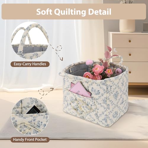 ANKICK Vine-Blue Quilted Boho Car Storage Basket, Laundry Hamper 33x27x26cm