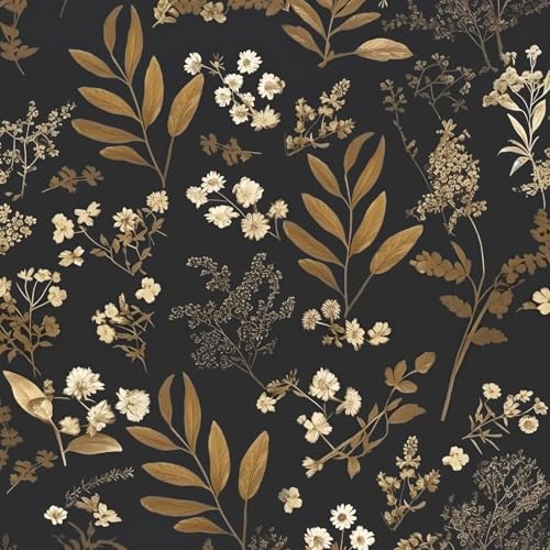 Laatse Vintage Floral Peel and Stick Wallpaper Black & Gold 17.5"x393" - Removable Wall Covering
