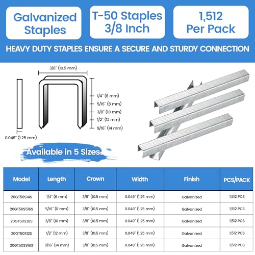 meite 3/8 Inch Galvanized Heavy Duty Staples for T50 Staple Gun, 1,512 Count Pack