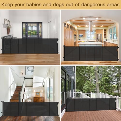 HEELALBABY 37-Inch Tall x 200-Inch Wide Black Retractable Baby Gate with Reinforced Bar - Indoor & Outdoor Mesh Fence for Pets & Kids