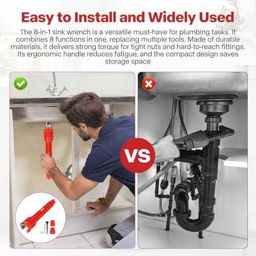 8 in-1 Multifunctional Sink & Faucet Installer Wrench - Plumbing Tool for Bathroom/Kitchen Toilet Pipe Repair & Installation (Red)