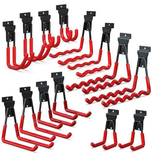 3-H Slatwall Accessories 14 Pack, Slatwall Hooks & Hangers 7 Sizes, Slat Wall Hanging Hooks, Proslat Accessories for Garage Wall Panels Organzing Garden Tools Chairs Ladder(Red)