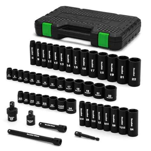 3/8" Drive Impact Socket Set, 49-Piece SAE (5/16"-3/4") and Metric (8mm-22mm), 6 Point, Cr-V, Extension Bars, 1/2" F to 3/8" M Reducer, Universal Joint and Power Drill Adapter