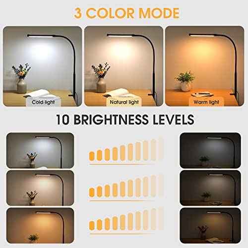 LED Desk Lamp with Clamp, Eye-Caring Clip on Lights for Home Office, 3 Modes 10 Brightness, Long Flexible Gooseneck, Metal, Swing Arm Architect Task Table Lamps with USB Adapter, Black