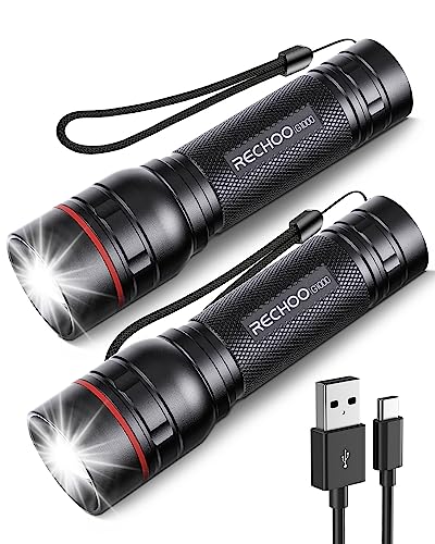 RECHOO Black Rechargeable Tactical Flashlight 2 Pack - Super Bright, 3 Modes, Zoomable LED for Camping & Emergencies