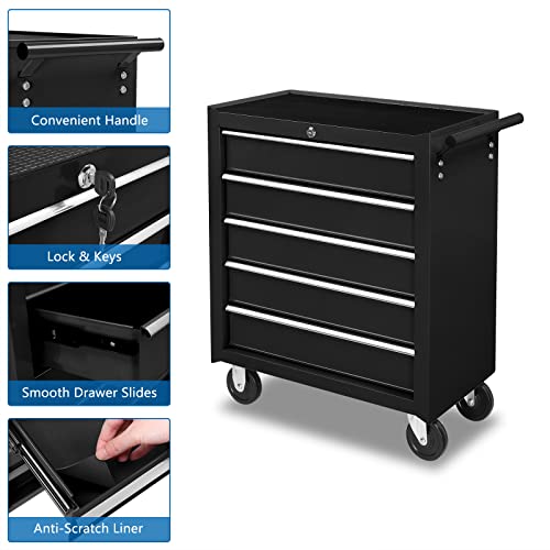 TUFFIOM Black 5-Drawer Rolling Tool Chest with Lockable Wheels, Top Cushion & Drawer Liners