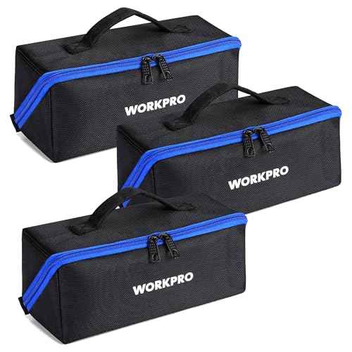 WORKPRO Tool Bag with Zipper, 10" Utility Wide Mouth Heavy Duty Tool Storage Bag, Multipurpose Zipper Tool Pouch Tote Bag for Organizer 3-pack