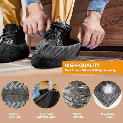 Shoe Covers Disposable 50 Pack (25 Pairs) - Durable, Non-Slip, Water Resistant, and Recyclable Boot Covers for Indoor and Outdoor Use - One Size Fits Most (Non-woven-Black)