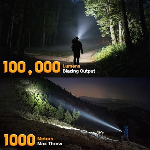 Rechargeable Spotlight,Super Bright 100,000 LED Handheld Spotlight with Zoomable,Foldable Stand,IP67 Waterproof Compact Outdoor for Hunting Walking Emergency Camping