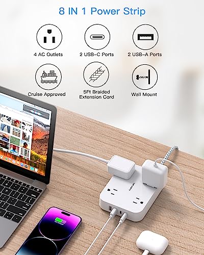 5 Ft White Flat Plug Power Strip with 4 USB Ports & 2 USB-C - Space-Saving Extension Cord