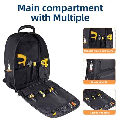 Heavy Duty Tool Bag Backpack 1680D Waterproof Oxford Fabric with Non-Slip Silicone Base, Multi-Pocket Tool Storage Organizer for Comfortable All-Day Use in Various Worksite Environments