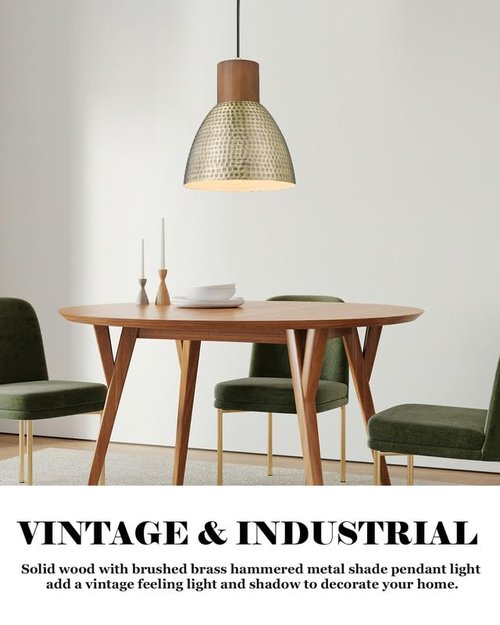 ELYONA Vintage Hammered Pendant Light Fixtures, 10.2” Industrial Metal Hanging Bar Lamp, Solid Wood Antique Gold Adjustable Pendant Light for Kitchen Island, Farmhouse, Dining Room, Brushed Brass