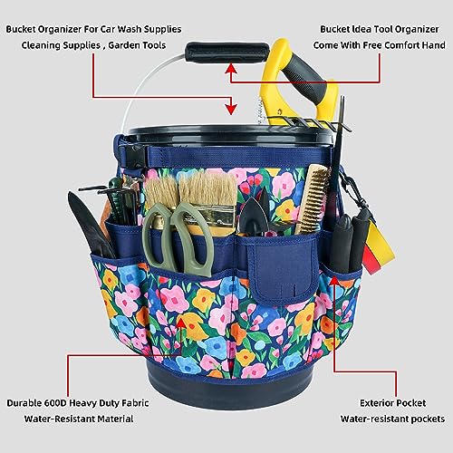 MELOTOUGH Bucket Caddy Organizer for 3.5–5 Gallon Buckets (Blue Flower) – Garden Tool Tote