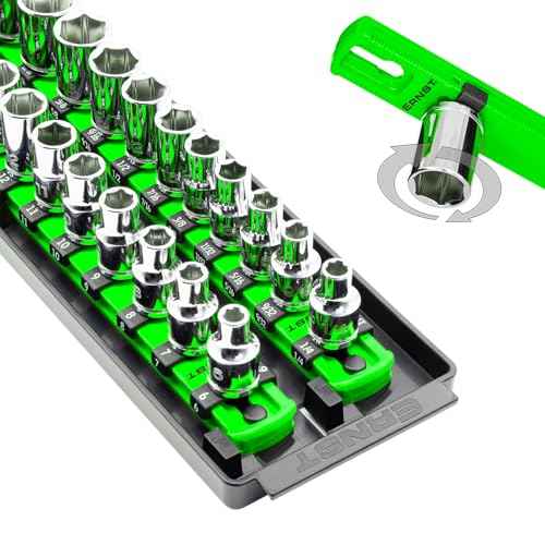 Ernst Manufacturing 8485 Socket Boss, Premium 2-Rail Twist Lock Socket Organizer, 3/8 Inch-Drive, 18-Inch, Green - Made in USA