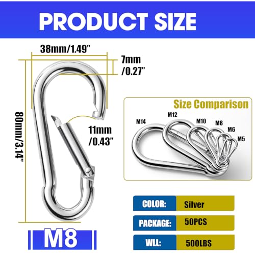 M8 Heavy Duty 3-Inch Carabiner Clips 50 Pack, Spring Snap Hooks for Swing, Hammock & Outdoor Gear