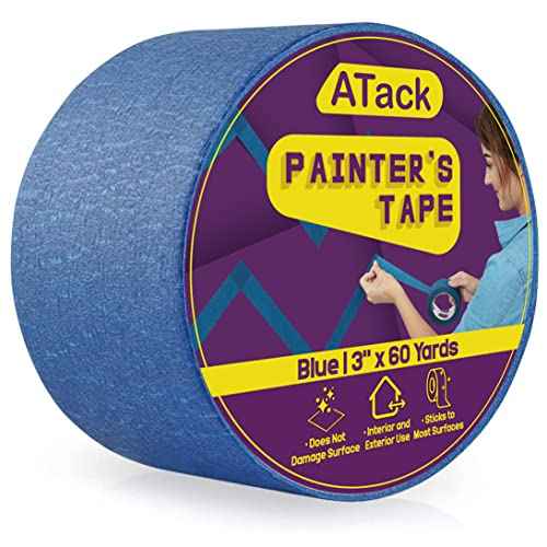 ATack Blue Painters Tape - 3-Inch x 60-Yard, 180 Ft Paint Tape for Walls, Home Painting Supplies, Wide Masking Tape for Arts & Crafts, 3D Printers, Woodworking