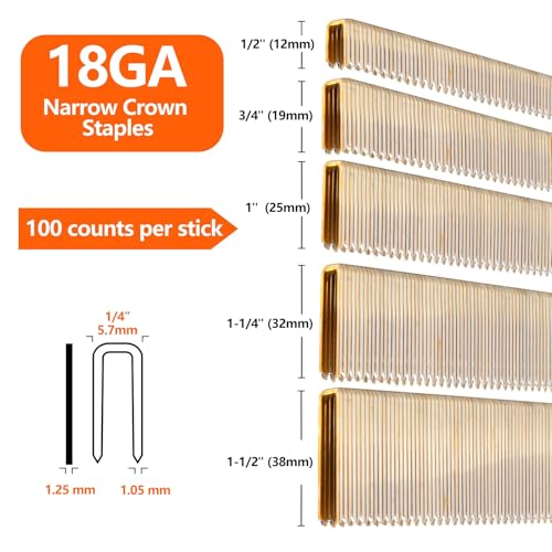 1000-Count 1/2 Inch Length, 18 Gauge 1/4 Inch Narrow Crown Staples, Heavy Duty Beveled Chiseled Pointed Galvanized Staples, for Pneumatic, Electric 18GA Stapler Gun