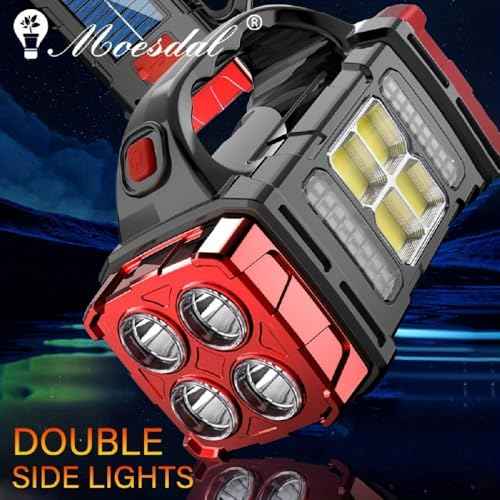 High Lumens Solar Flashlight - LED Work Light with USB-C Rechargeable, Waterproof, Multi-Function Flashlight & Lantern for Camping, Emergencies, and Outdoor(RED)
