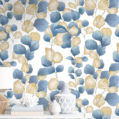 Vinjiasin Boho Peel and Stick Wallpaper Blue Leaf Contact Paper Modern Floral Wallpaper Self Adhesive Removable Wall Paper for Bathroom Bedroom Living Room Cabinet Countertop 17.3"x 78.7"