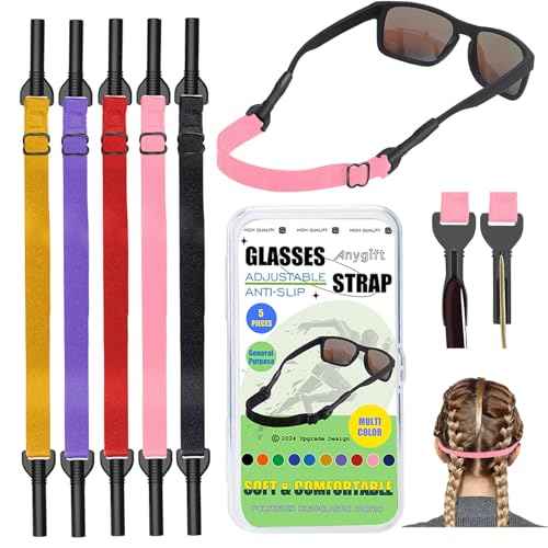 Glasses Strap,Adjustable Eyeglasses Strap 5PCS Anti-Slip Sunglasses Strap for Men Women, Eye Glasses Straps Kids Glasses Strap Sports (8.7-22inch, Black/Pink/Yellow/Purple/Red)