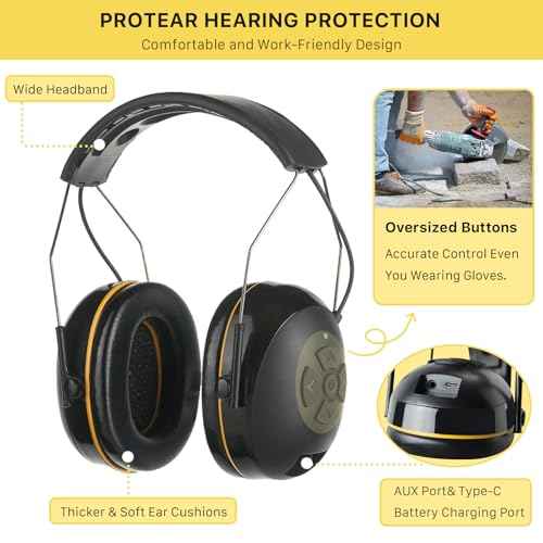 ROTEAR Bluetooth 5.3 Hearing Protection, NRR 25dB Noise-canceling Rechargeable Safety Earmuffs, Wireless Over-ear Headphones with Music for Mowing Lawn, Workshop, Snowblowing, Construction (BLACK)
