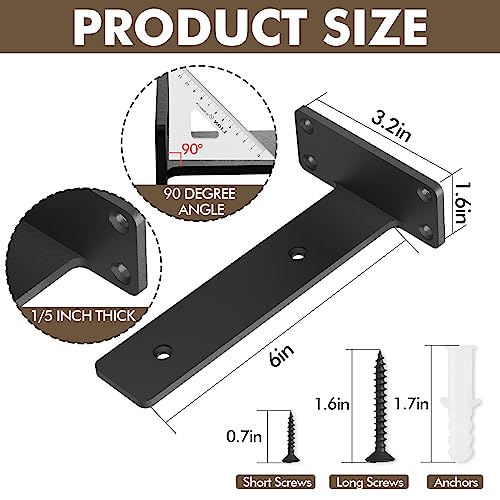 MIUGO 6 Pack Heavy Duty Metal Shelf Brackets 6-inch Black - Concealed Mounting