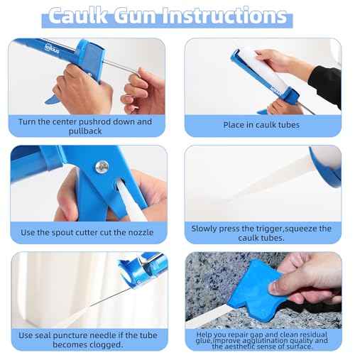 Caulk Gun Kit Smooths No-drip Silicone Caulking Gun and Caulking Tools, Sealant Tools Grout Scraper For Kitchen Bathroom Sink Joint,With Gift Box Works 10OZ Tubes blue