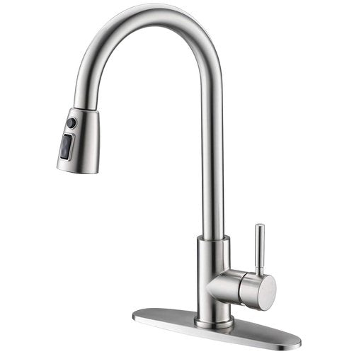 VALISY Kitchen Faucet with Pull Down Sprayer, Modern Single Handle Pull Out Brushed Nickel Kitchen Sink Faucet, High-Arc Pullout Faucets for RV Laundry Utility Sinks with Deck Plate, VALQYT061L-D