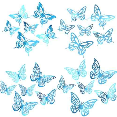 48Pcs 3D Butterfly Wall Decor - 3 Sizes, 4 Styles Decorations for Party, Birthday, Cake - Removable Shiny Blue Stickers for Kids, Baby, Girls Bedroom, Classroom, Offices