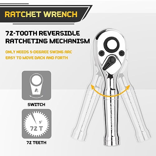 Stubby Ratchet Set- 3/8" Drive Ratchet Handle with a Extension Bars, Gift for Men 72-T Reversible Quick Release Head Premium Mini Ratchet Wrench for Narrow Spaces