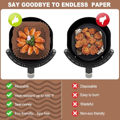 Boribim 2-Pack 8-Inch Silicone Air Fryer Liners (Black + Brown) – Reusable Sq Liners for 4-7 Qt Air Fryers