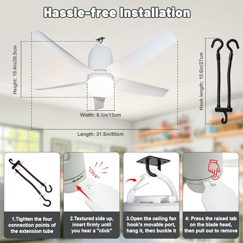 SHUNLEE 31.5 Inch Rechargeable Outdoor Ceiling Fan with Light & Remote, 4 Speeds, Dimmable Canopy Fan for Patio, Camping, Gazebo