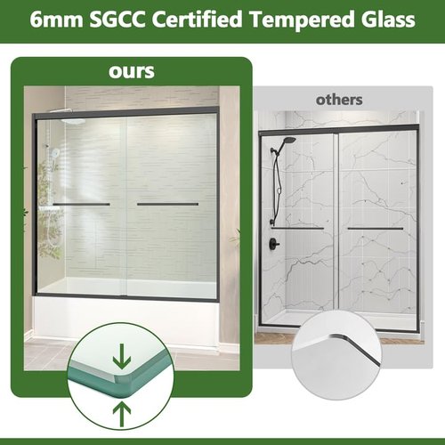 Double Sliding Bathtub Door Glass Tub Door, 1/4''(6mm) Tempered Glass, Adjustable Width, Easy to Install & Clean, 56-60''W×58''H, Matte Black