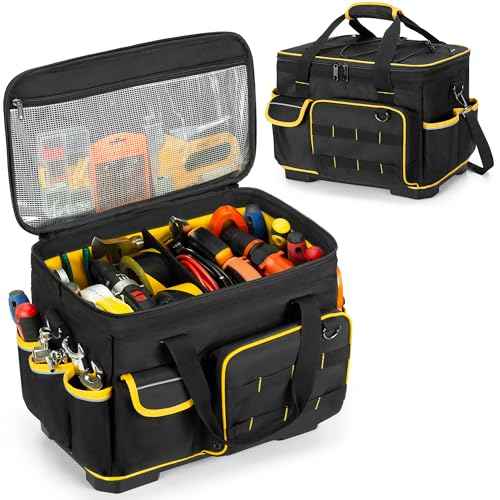 16-inch Tool Bag with Hard Bottom and a Detachable Divider, Heavy Duty Tool Tote with Multiple Pockets, Black
