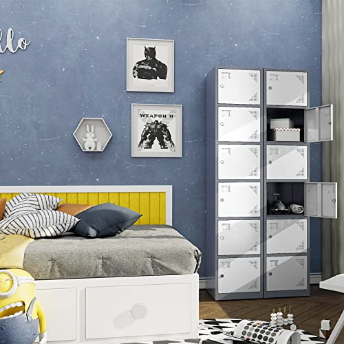 Yizosh 6-Door Metal Locker Storage Cabinet - Tall Steel Lockers for School, Gym, Office, Home, Garage - Gray White
