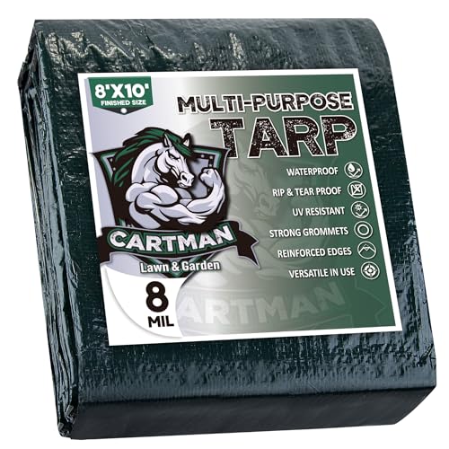 CARTMAN 8x10Ft Waterproof Poly Tarp Cover - Heavy Duty Green 8 Mil