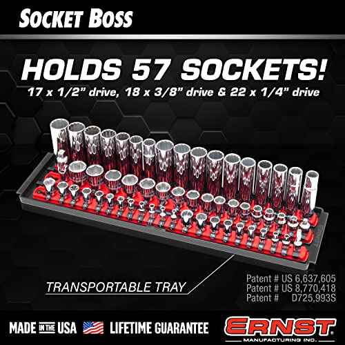 Ernst Manufacturing 18-Inch Socket Boss - Premium 3-Rail Multi-Drive (1/4", 3/8", 1/2") Socket Organizers w Twist Lock Clips, Socket Set Holder for 57 Tools - SAE & Metric - Red (8450) - Made in USA