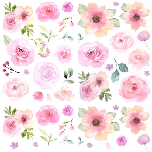 60pcs Pink Flower Wall Sticker Watercolor PVC Peel and Stick Wall Decals Cute Peony Floral and Leaves Pastel Flower Decor for Kids Bedroom Living Room Baby Nursery Kindergarten