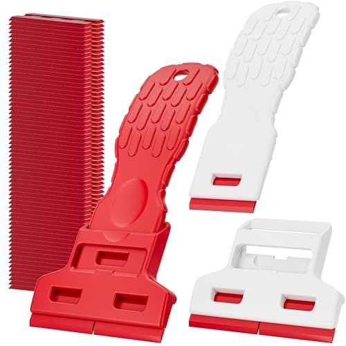 Dual-Width Plastic Razor Blade Scraper Tool Non Scratch - 2-Pack With 100 Blades, Single Or Double Wide Head, Removes Stickers, Labels, Decals, Adhesive & Paint On Glass, Cooktops, Car Windows & Tiles