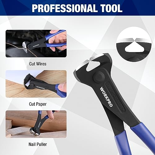 WORKPRO 7 Inch Nail Puller, End Cutting Pliers - Black Finish Chrome Vanadium Steel, High Leverage End Cutting Nipper, Carpenters Pincers, End Snips for Pulling Nails or Cutting Wires