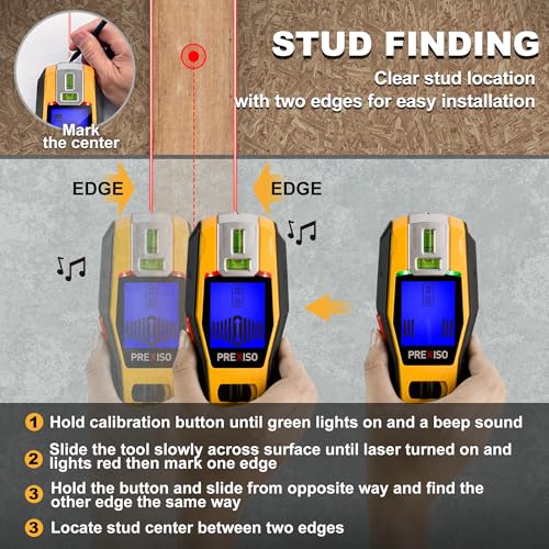 PREXISO 2-in-1 Stud Finder with Laser Level, Rechargeable Multi Surface Cross Line Laser & Wall Stud Scanners Tool for Hanging Frames & Picture, Wood Ac Wire Metal Studs Joist Pipe Detection