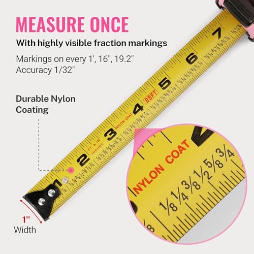 WORKPRO 25-FT Tape Measure with Fractions, Magnetic Hook, Nylon Coated Blade, Compact Locking Tool, Pink