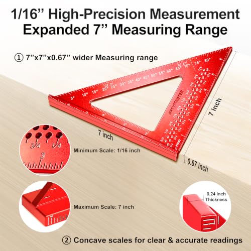 ARTYMASTER 7 Inch Carpenter Square Imperial 1/16" Precision Rafter Square - Aluminum Alloy AM13D (US)