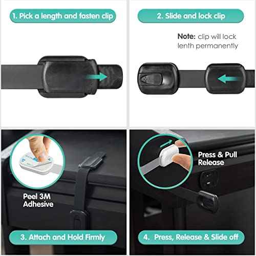 Baby Proof Cabinet Lock & Straps Latches Child Drawer Latches with 3M Adhesives Adjustable Non Drilling Safety Cabinet Locks Straps Baby Drawer Locks for Kids Baby Multi-Function 12 Pack (Black1)