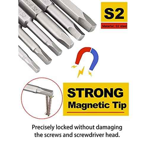 Rocaris 6 pcs 1/4 Inch Hex Shank Long Magnetic Square Head Screwdriver Bits Set Power Tools SQ1, SQ2, SQ2.7, SQ3, SQ4, SQ5 For Poket Hole Jig- 2 inch Length