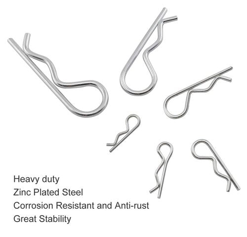 XBDZR 25 Pcs R Shaped Spring Cotter Pins Fastener Assortment Kit, Zinc Plated Steel Retaining Hair Pin for Hitch Pin Lock System - 5 Sizes