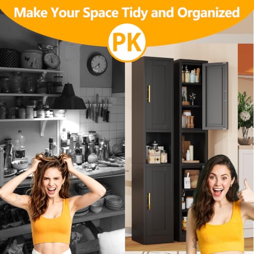 67-Inch Tall Narrow Metal Pantry Cabinet with Adjustable Shelves & Double Doors - Black