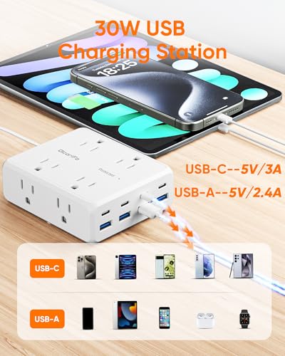 Olcorife 10 FT Flat Plug Power Strip with 8 Outlets & 8 USB Ports - 3 Sided Extension Cord for Home & Travel, White
